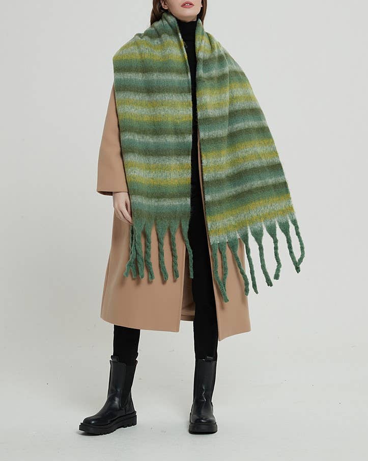 Multicolor stripe cozy soft fringe scarf wrap: Beige / M