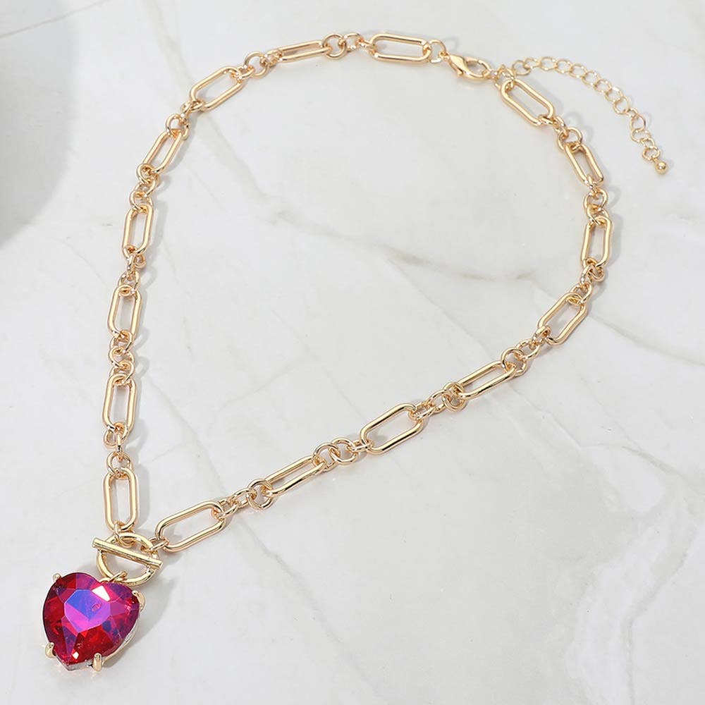 Chunky Heart Stone Cluster Toggle Pendant Necklace: Fuchsia,Neon