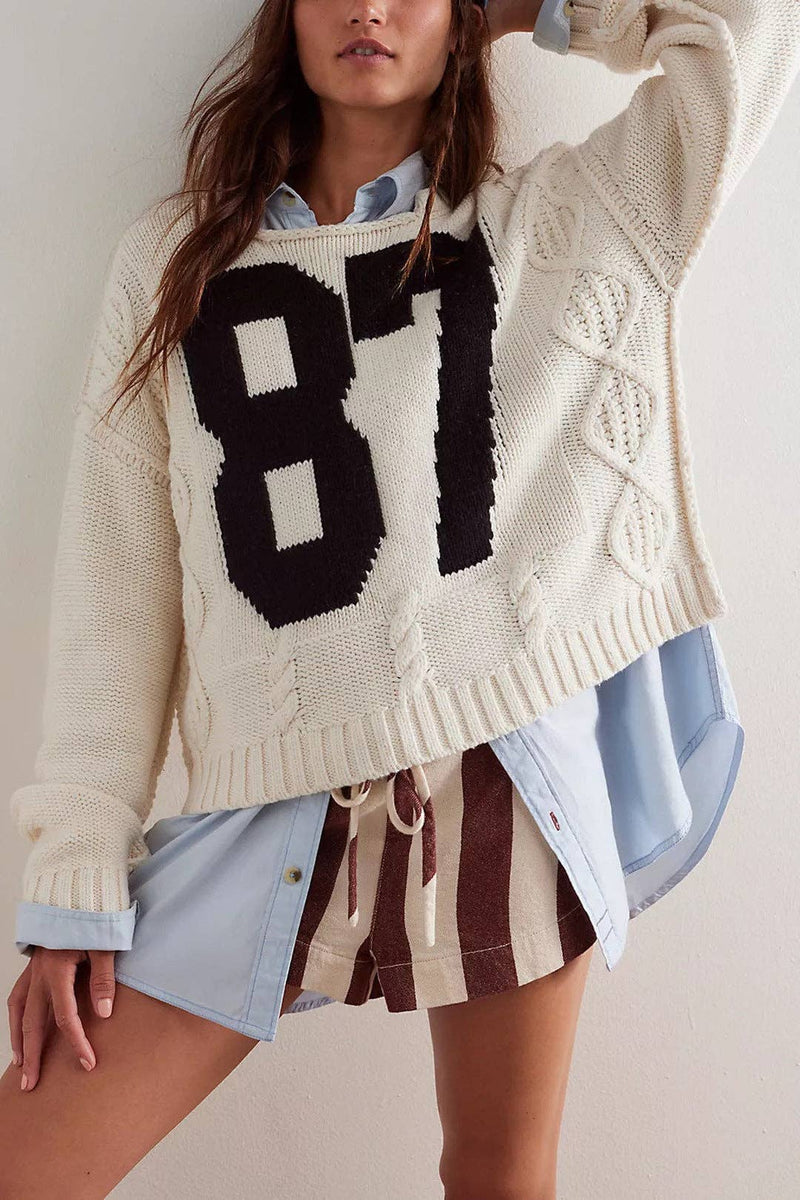 87 letter contrast ivory knitted pullover sweater