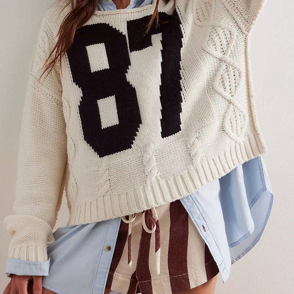 87 letter contrast ivory knitted pullover sweater