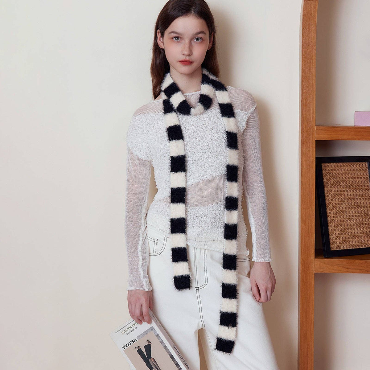 Trendy Striped Knitted Scarf for Women: Black and White Patchwork