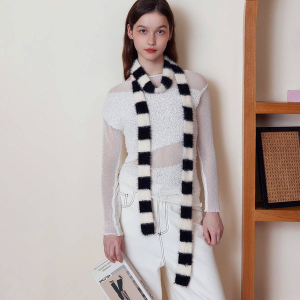 Trendy Striped Knitted Scarf for Women: Black and White Patchwork
