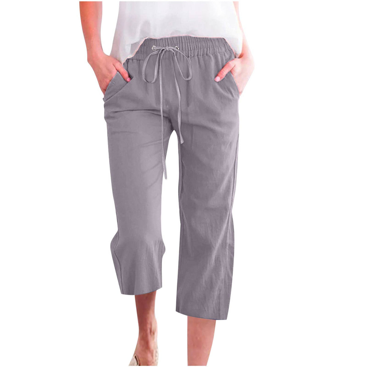 Casual Cropped Pants with Drawstring Waist and Pockets: DarkBlue / L