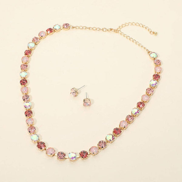 Round Stone Cluster Link Tennis Chain Evening Necklace: Gold,Pink