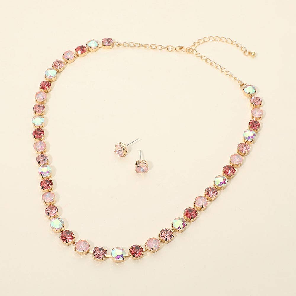 Round Stone Cluster Link Tennis Chain Evening Necklace: Gold,Multi