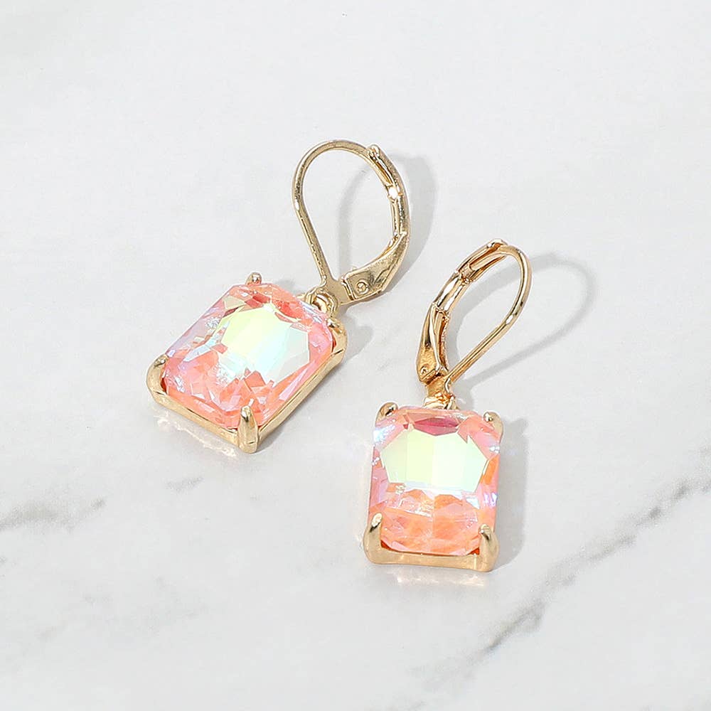 Rectangular Glass Stone Drop Dangle Earrings: Clear,Silver