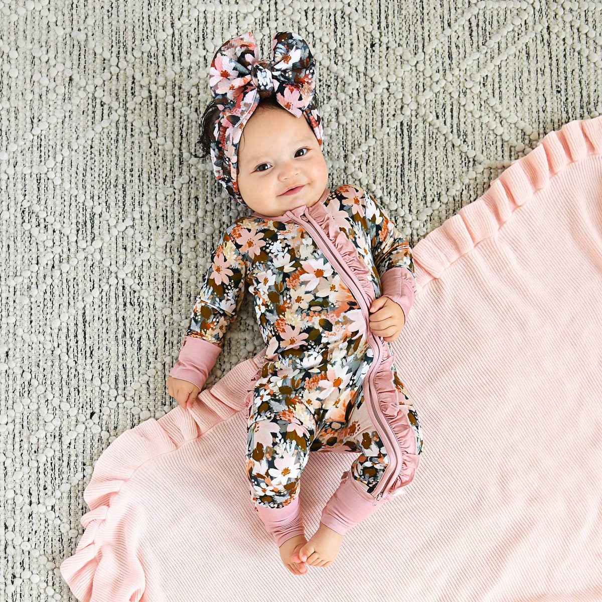 Palmer RUFFLE ZIP Bamboo Floral One Piece Baby Outfit: 6-12m