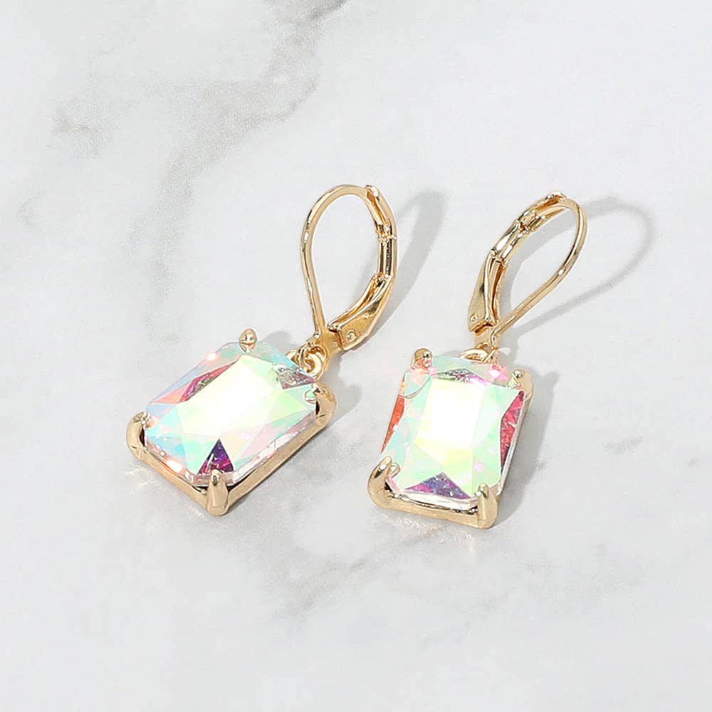 Rectangular Glass Stone Drop Dangle Earrings: Clear,Silver