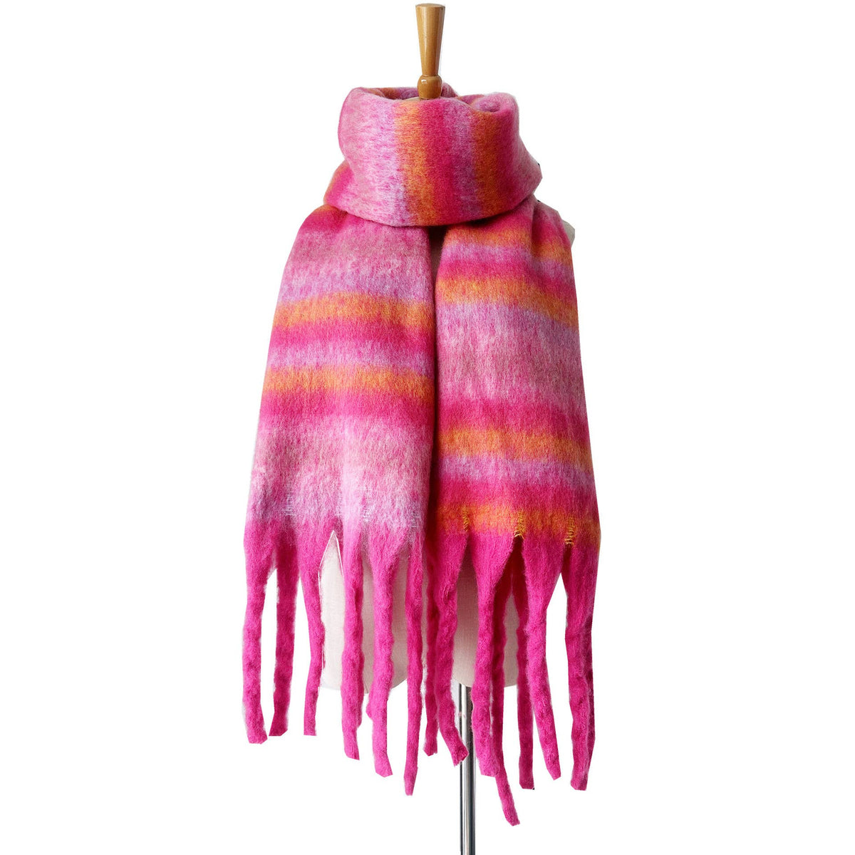 Multicolor stripe cozy soft fringe scarf wrap: Beige / M