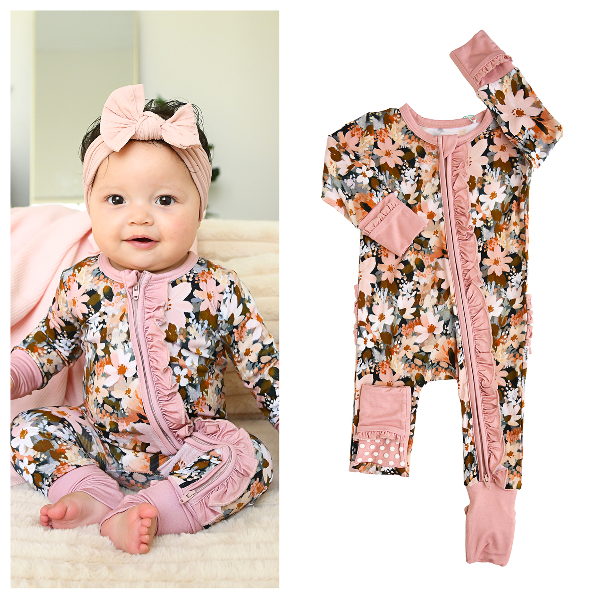 Palmer RUFFLE ZIP Bamboo Floral One Piece Baby Outfit: 3-6m