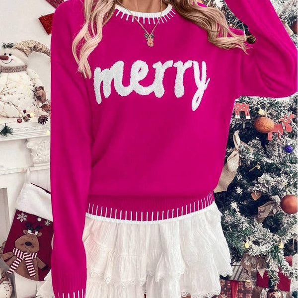 Merry Christmas Contrast Stitch Knit Sweater: RoseRed / L