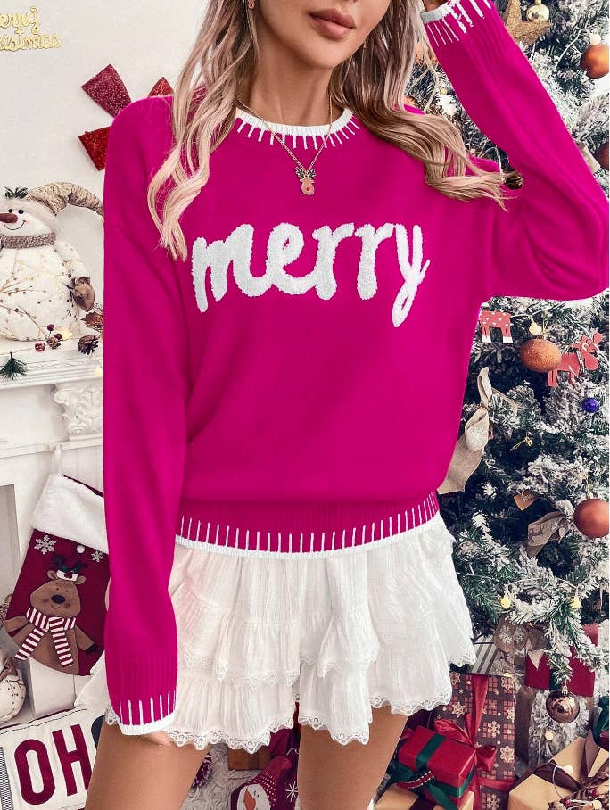Merry Christmas Contrast Stitch Knit Sweater: RoseRed / M