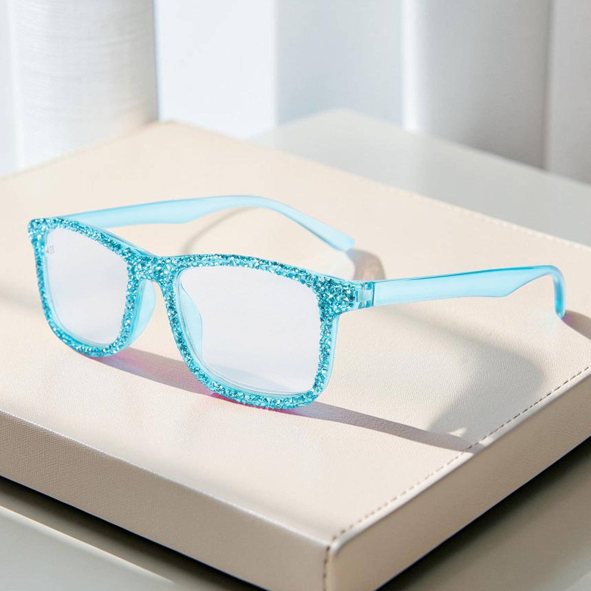 Handmade Rhinestone Rectangle Reader Glasses G0497 - Light Blue: Light Blue / +1.50