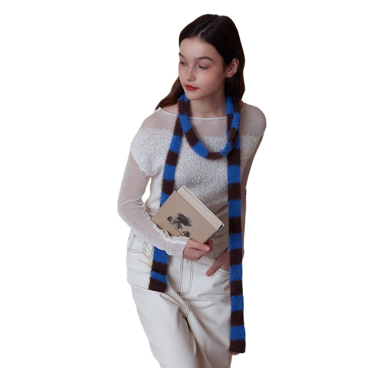 Trendy Striped Knitted Scarf for Women: Black and White Patchwork