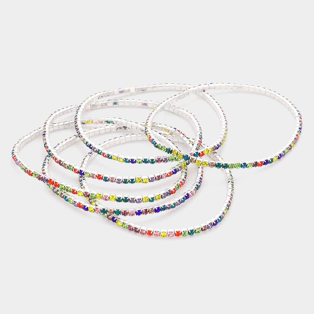 6PCS - Rhinestone Stretch Evening Bracelets: Clear,Silver