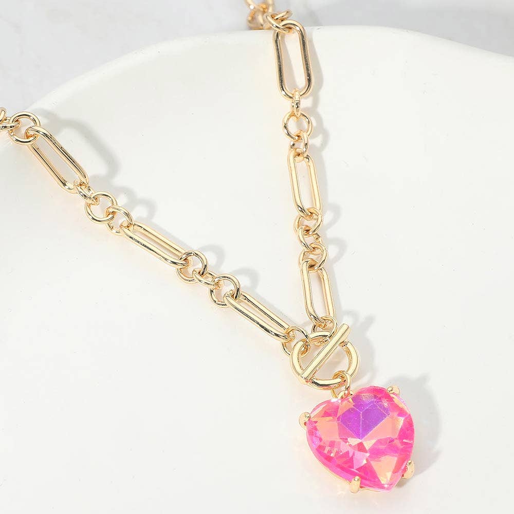 Chunky Heart Stone Cluster Toggle Pendant Necklace: Fuchsia,Neon