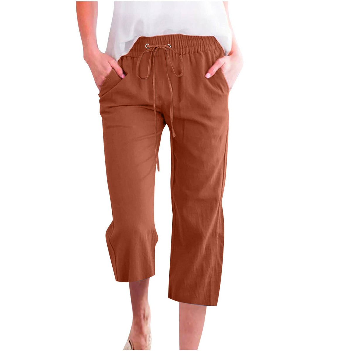 Casual Cropped Pants with Drawstring Waist and Pockets: DarkBlue / L