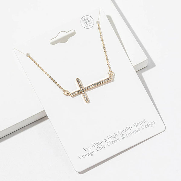 Sidways Crystal Pave Cross Pendant Necklace: Clear,Gold