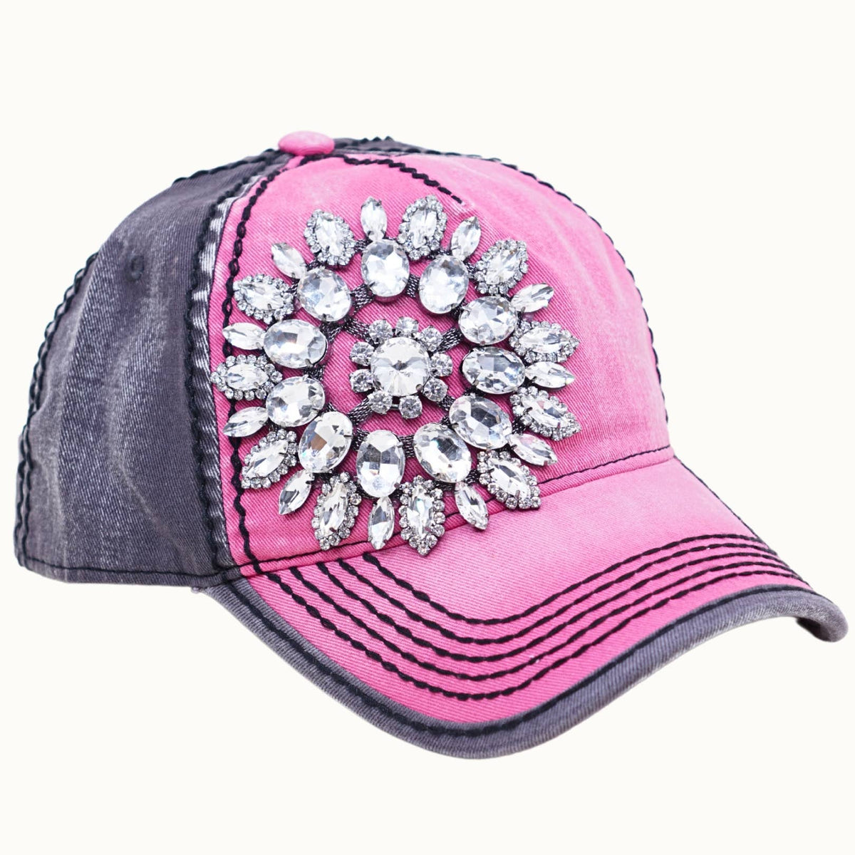 Sunflower Bejeweled Two-Toned Cap / Hat: Fuchsia/Charcoal