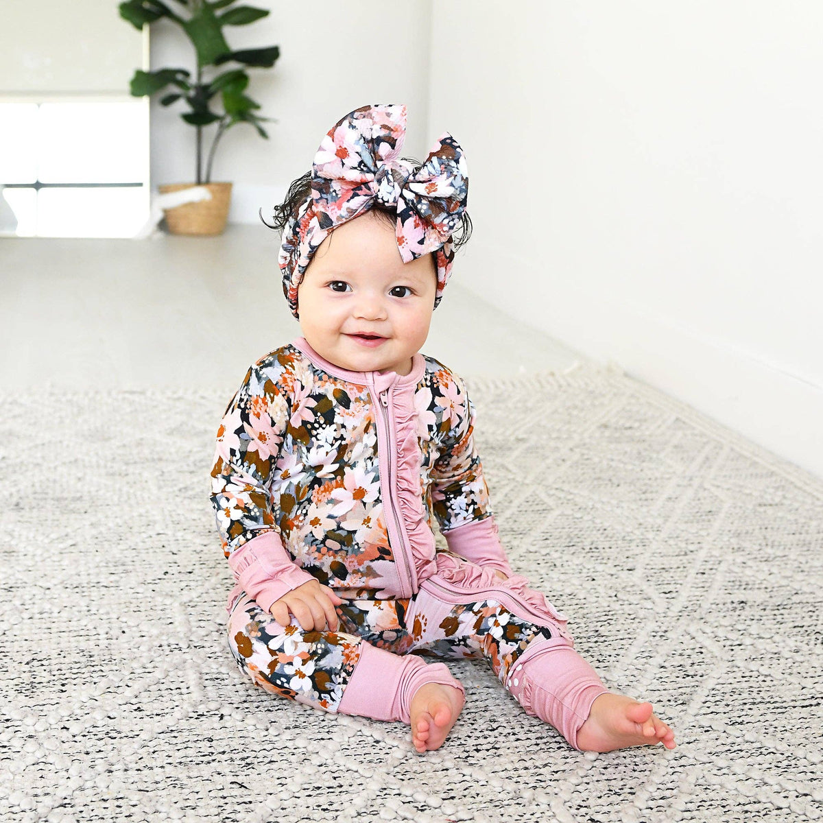 Palmer RUFFLE ZIP Bamboo Floral One Piece Baby Outfit: 3-6m