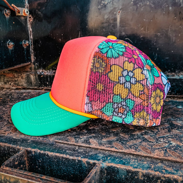 Floral Magna Pony™ Mesh Foam Trucker Hat: Salmon/ Turquoise Tri Color