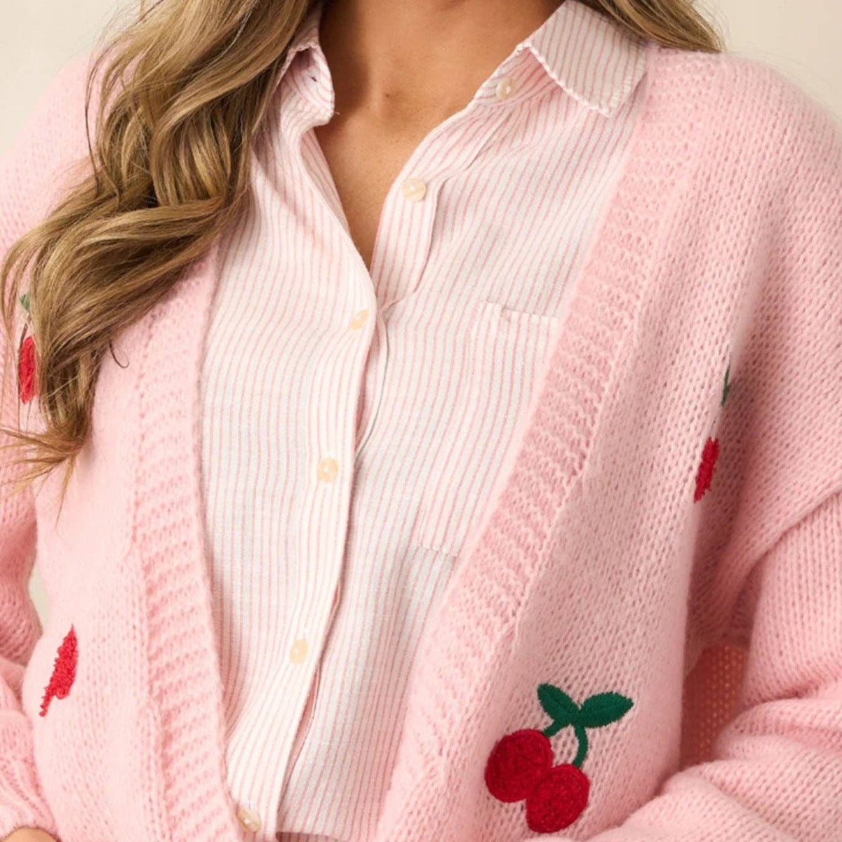 Cherry Embroidery Pink Sweater Cardigan