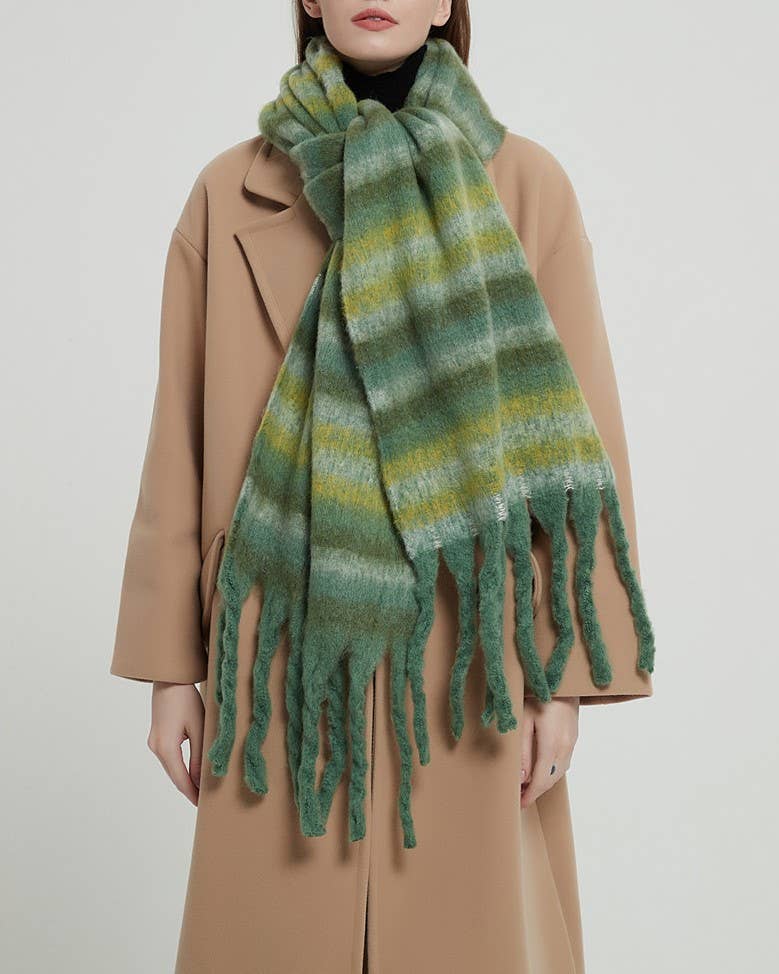 Multicolor stripe cozy soft fringe scarf wrap: Beige / M