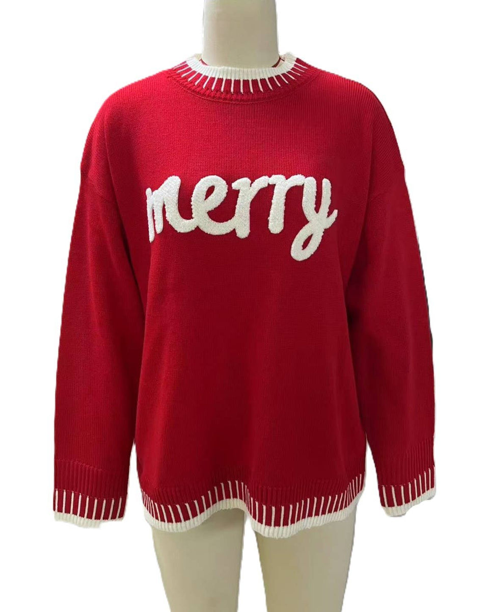 Merry Christmas Contrast Stitch Knit Sweater: RoseRed / L