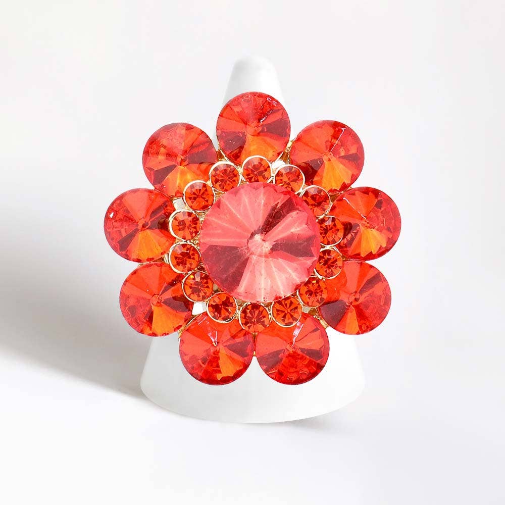 Round Crystal Flower Stretch Ring: Gold