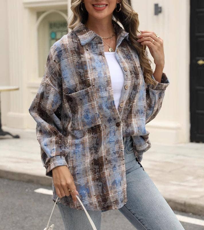 Plaid jacket checked ripped shacket: Red / XL