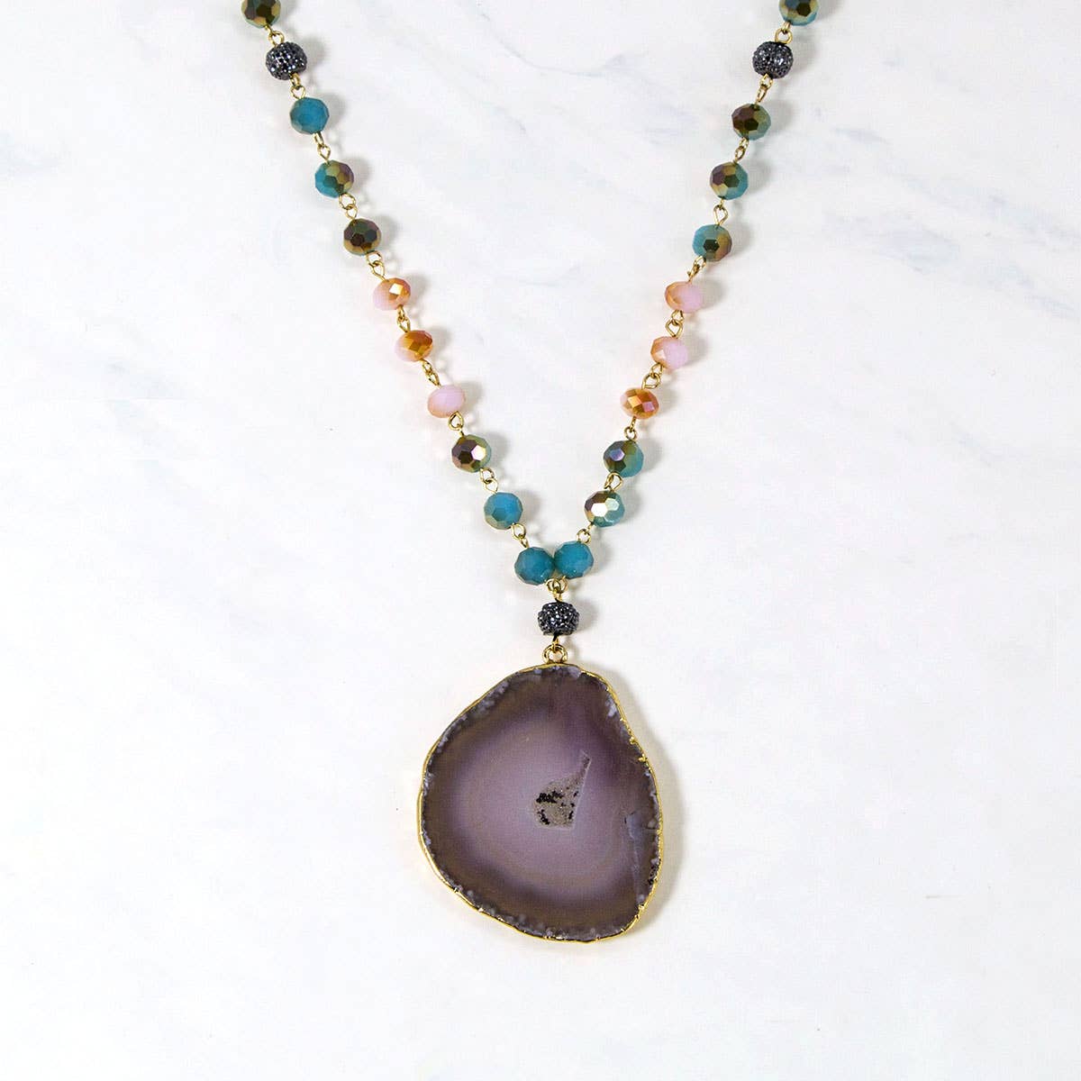 Chunky Glass Beads Necklace with Agate: Gold Beige