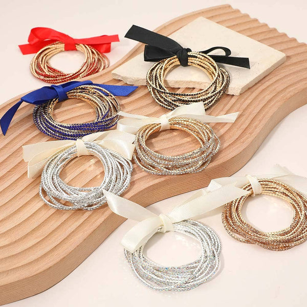 12PCS - Ribbon Slim Rhinestone Stretch Multi Layered Bracelet: AB,Gold