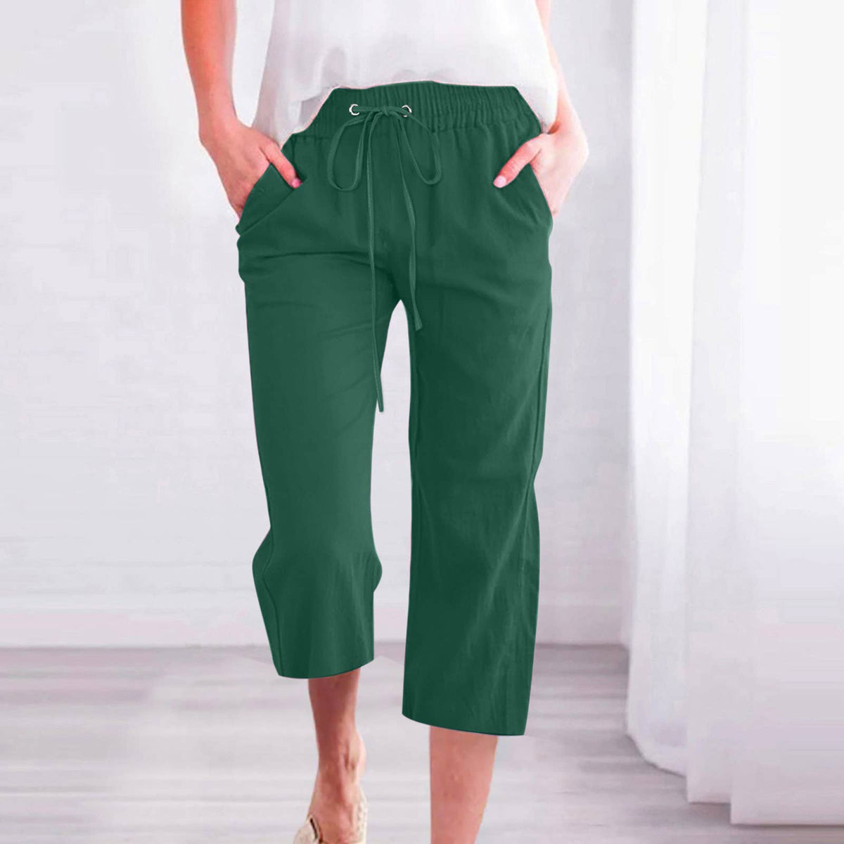 Casual Cropped Pants with Drawstring Waist and Pockets: DarkBlue / L
