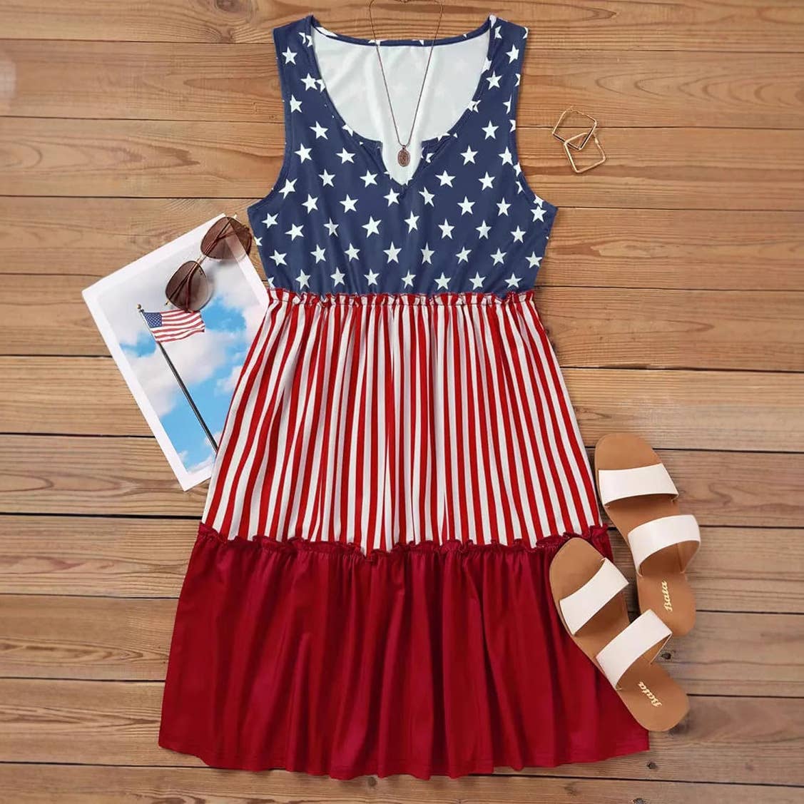 American flag print vest dress: Red / M