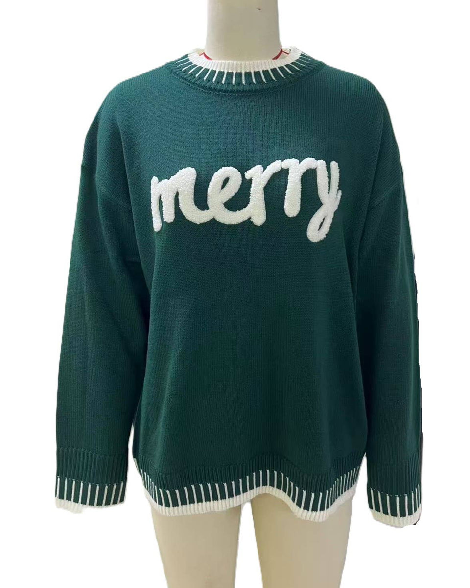 Merry Christmas Contrast Stitch Knit Sweater: RoseRed / M