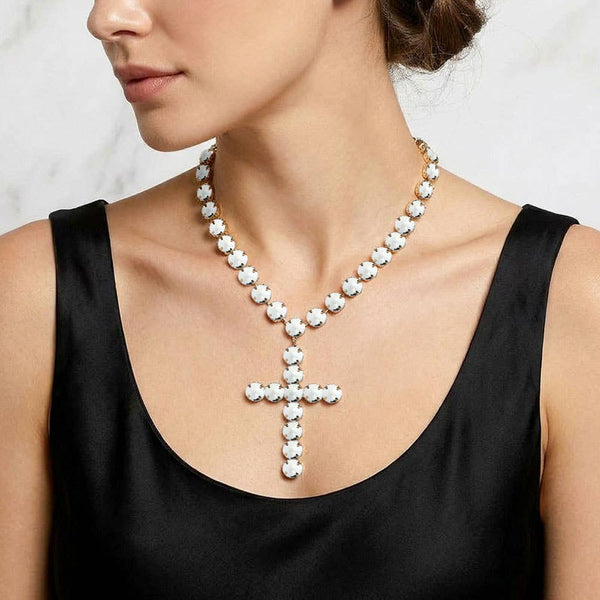 SECRET BOX_Round Crystal Cross Pendant Statement Evening Necklace