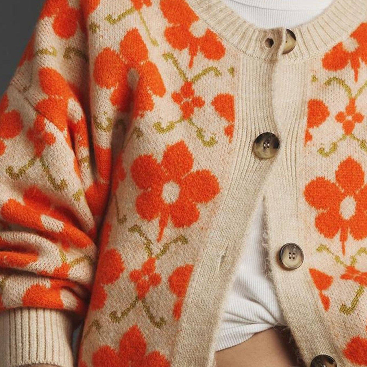 Floral Jacquard Sweater Knitted Cardigan: Orange Apricot