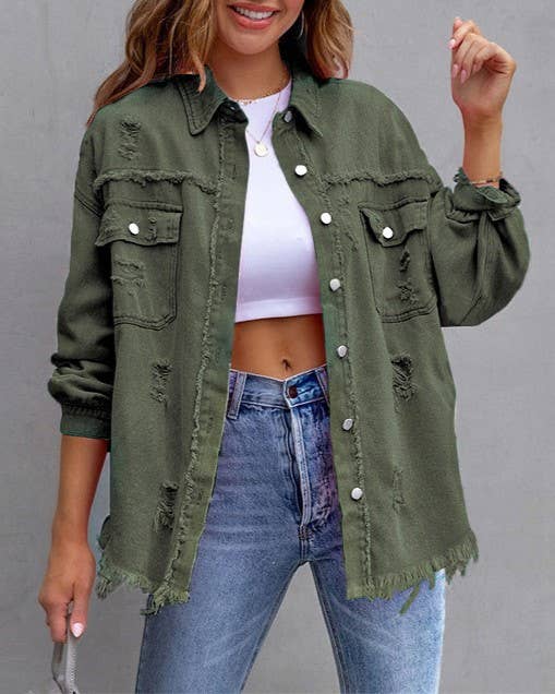 Ripped Loose Denim Jacket: Violet / M