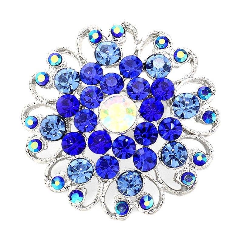 Blooming Flower Rhinestone Brooch Pin: Silver-Fuchsia