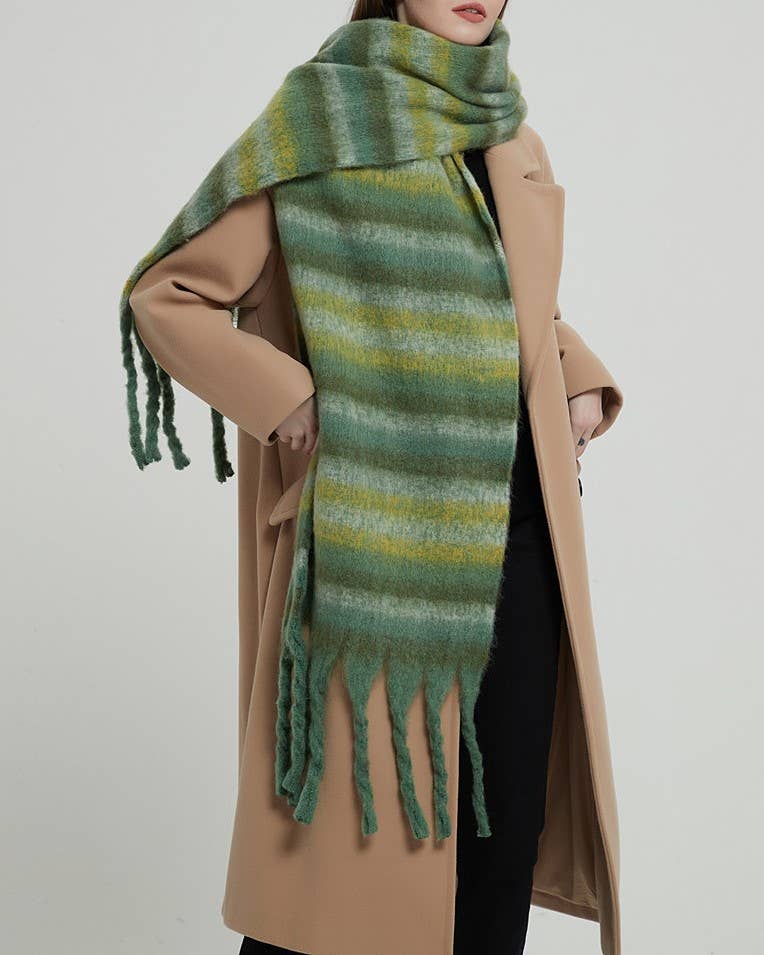 Multicolor stripe cozy soft fringe scarf wrap: Beige / M