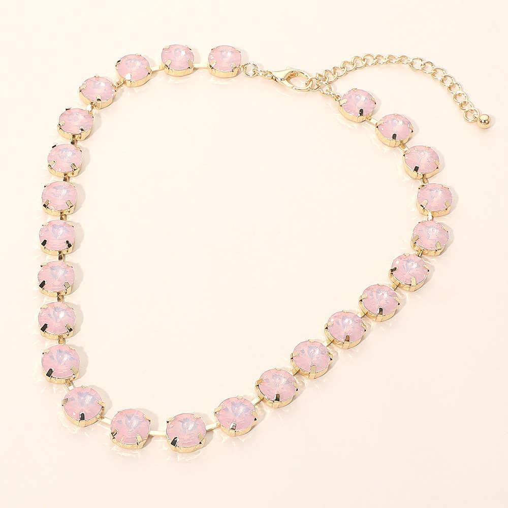 Round Cut Stone Cluster Link Evening Necklace: Gold,Opal,Pink