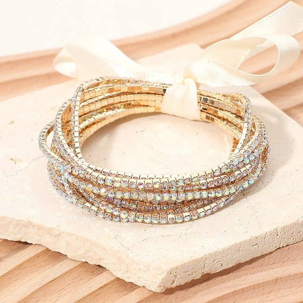 12PCS - Ribbon Slim Rhinestone Stretch Multi Layered Bracelet: AB,Gold