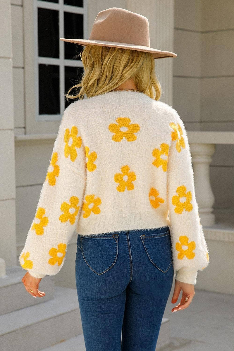 Floral Knit Crop Cardigan cream w/ apricot flowers size large