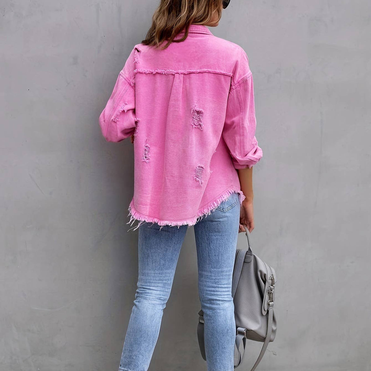 Ripped Loose Denim Jacket: Violet / XL