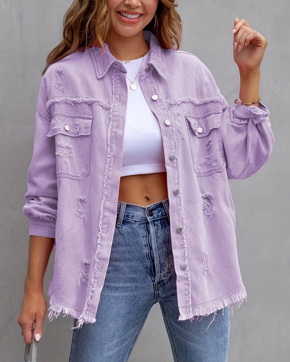 Ripped Loose Denim Jacket: Violet / L