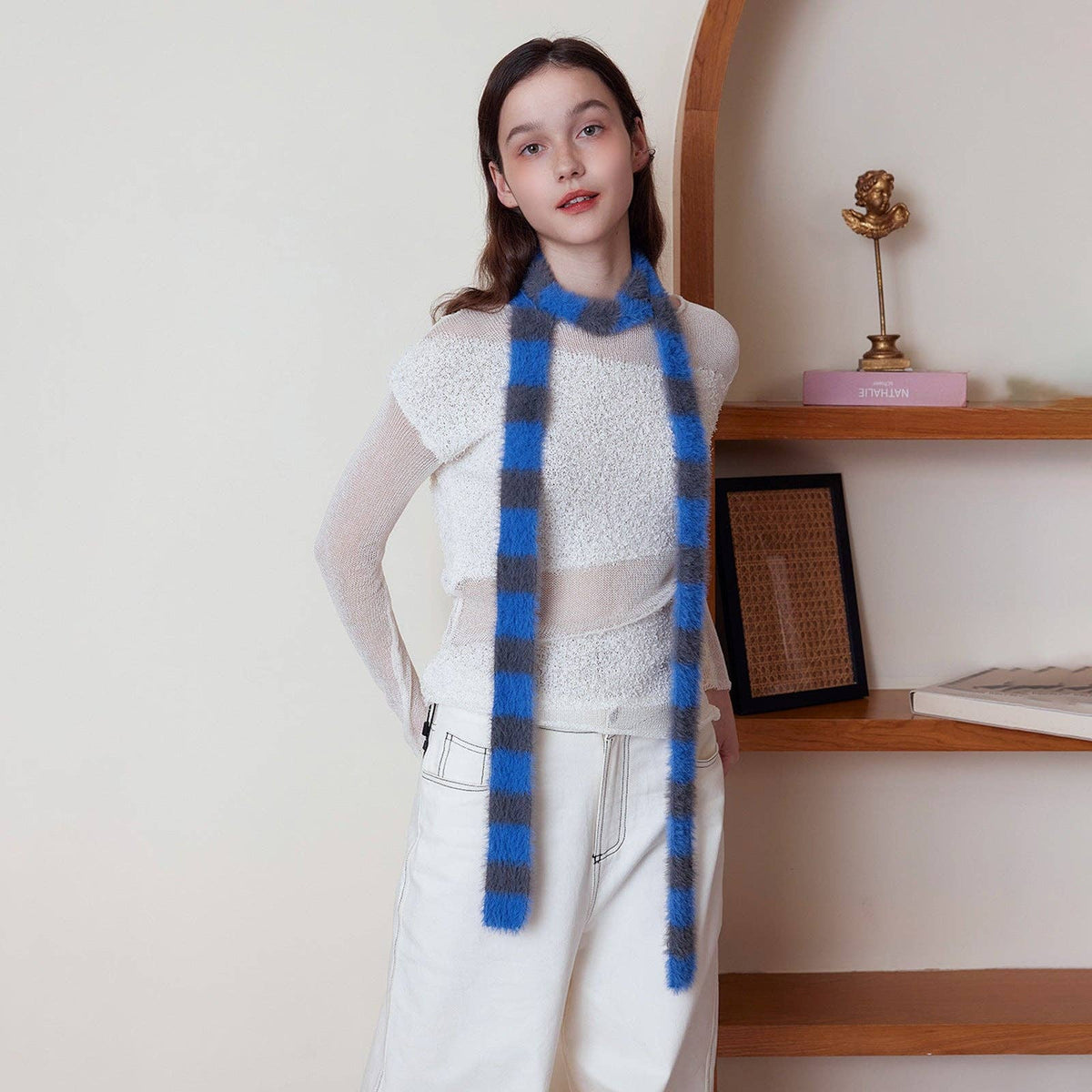 Trendy Striped Knitted Scarf for Women: Black and White Patchwork
