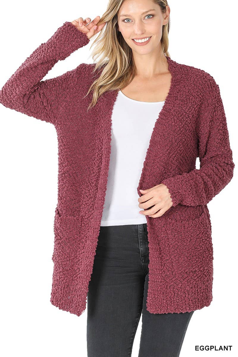Long Sleeve Popcorn Sweater Cardigan With Pockets: ASH JADE / 1-1-1-1 (S-M-L-XL)