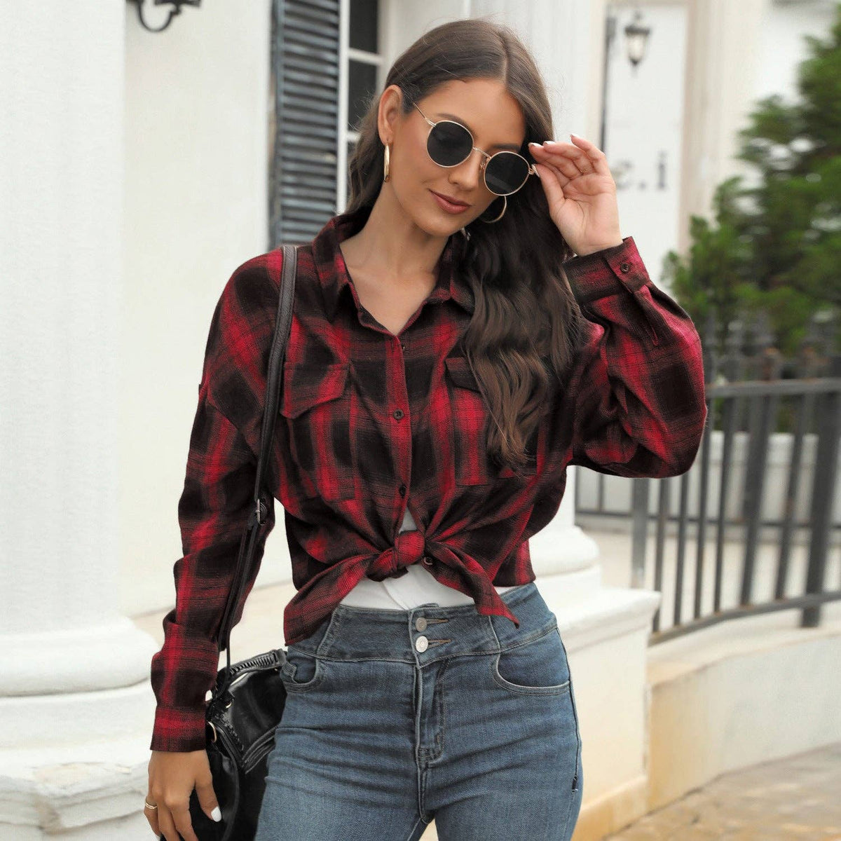 Plaid Button-Up Shirt Jacket: Pink / L