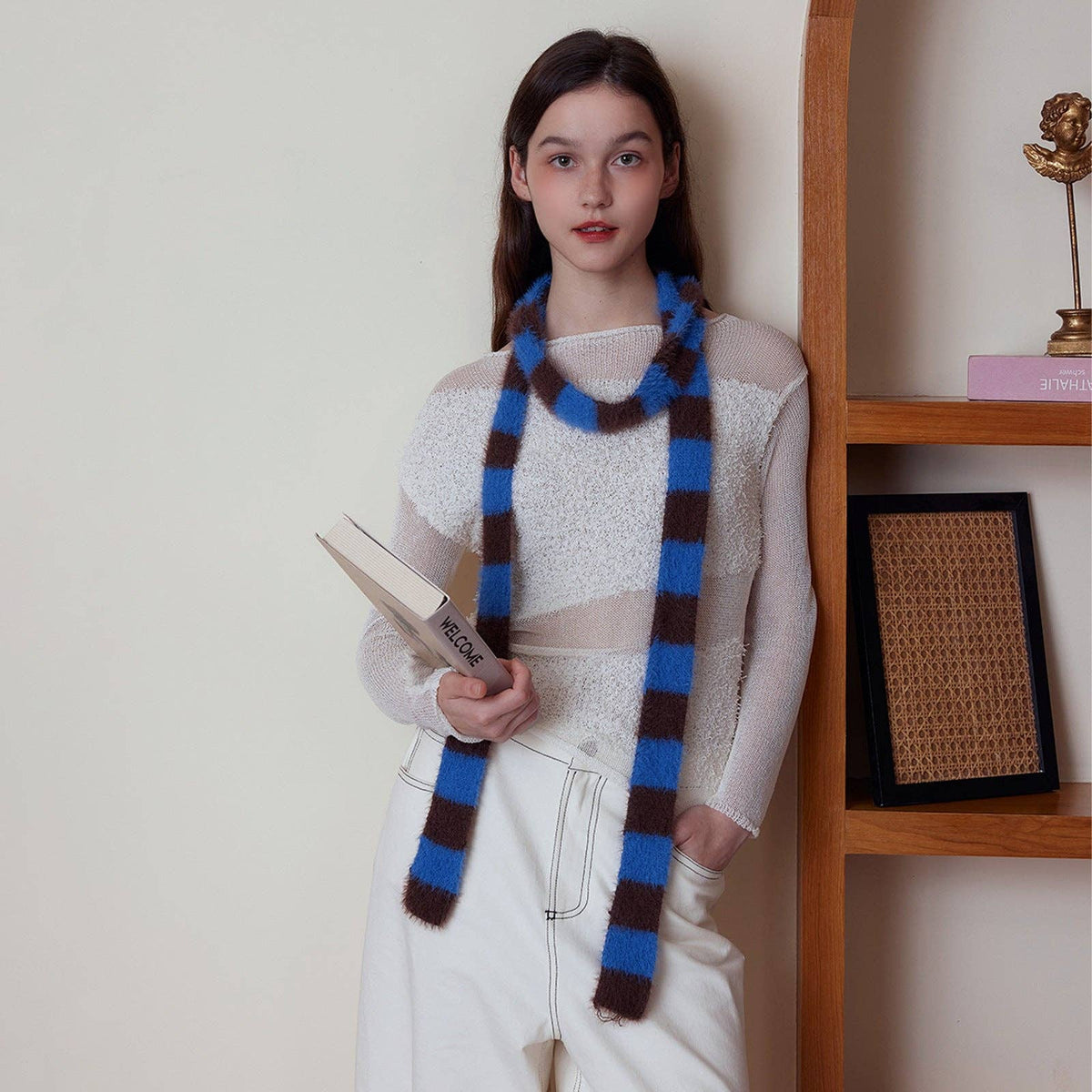Trendy Striped Knitted Scarf for Women: Black and White Patchwork