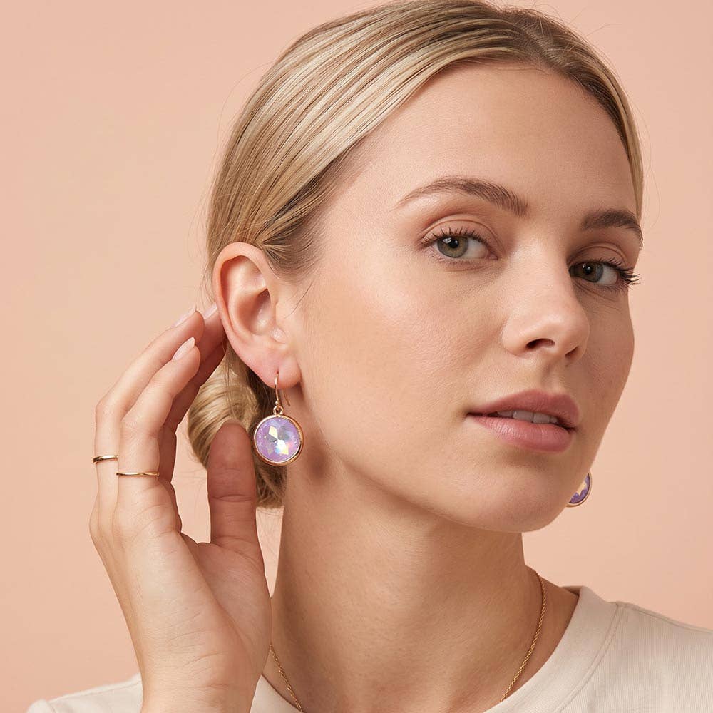 Round Faceted Stone Drop Dangle Earrings: Fuchsia,Gold,Light